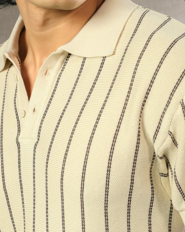 Vertical Striped Knit Polo T-shirt