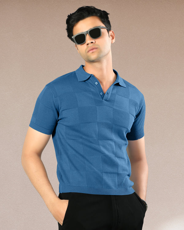 Square Textured Grid Knit Polo T-shirt