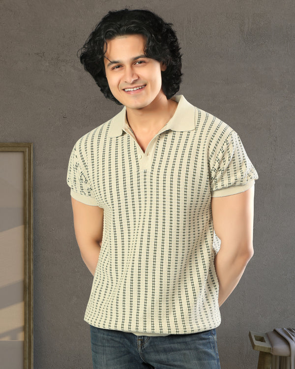 Grid Knit Beige Polo T-shirt