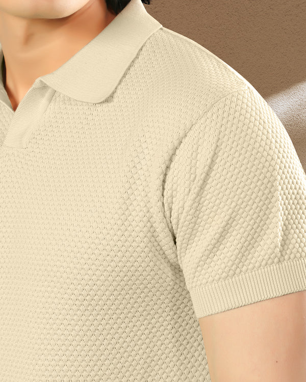 Textured Knit Cream Polo T-Shirt